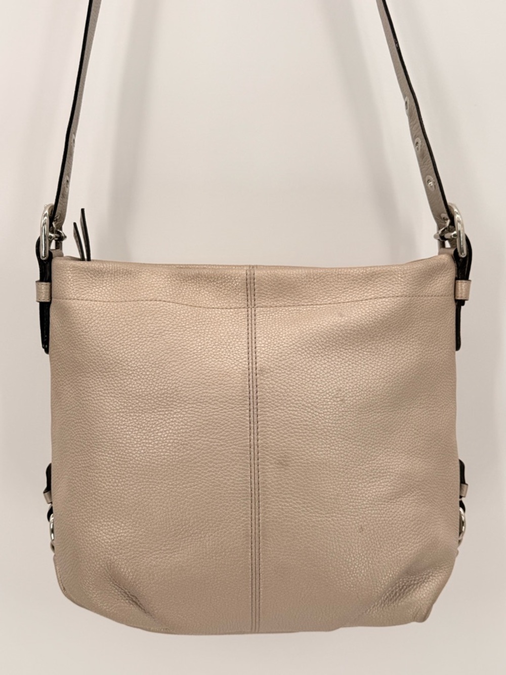 COACH Pebbled Leather Duffle Crossbody Bag Silvery Taupe Neutral Classic